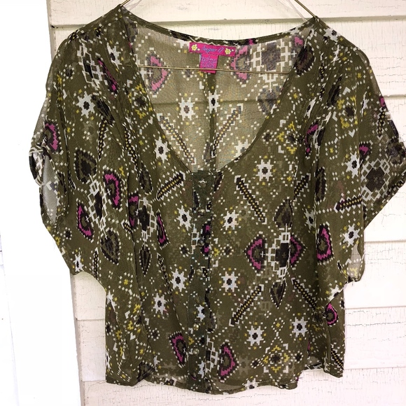 SUGAR 17 olive patterned cropped button blouse - Picture 1 of 6